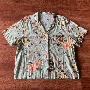Erika Hawaiian Tropical Floral Button Up Shirt US Womens Size 2X in Light Green